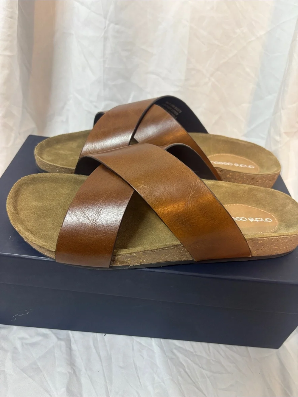 Andre Assous Brown Leather Crisscross Slide Sandals